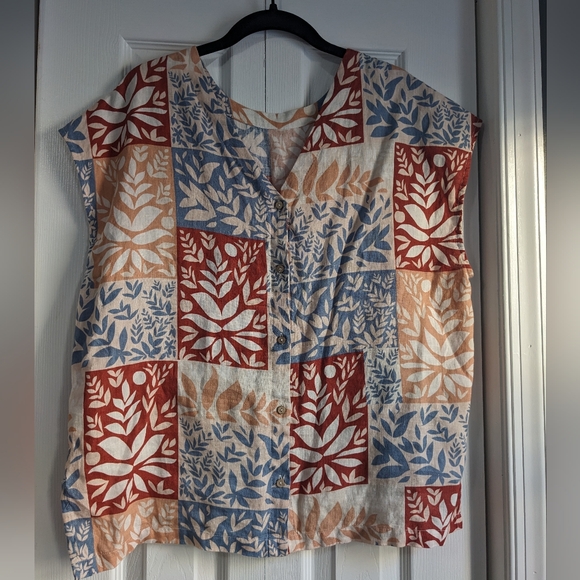 Floral Colorblock Patchwork Linen Sigrid Olsen Cap Sleeve Top - Picture 2 of 7